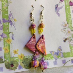 Handmade purple and yellow clay beaded earrings